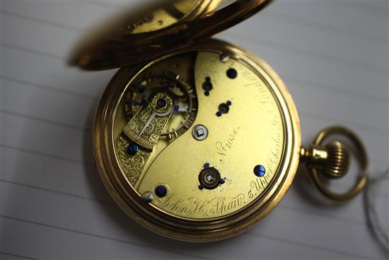 A Victorian 18ct gold hunter keyless lever pocket watch by John. H. Shaw,London,